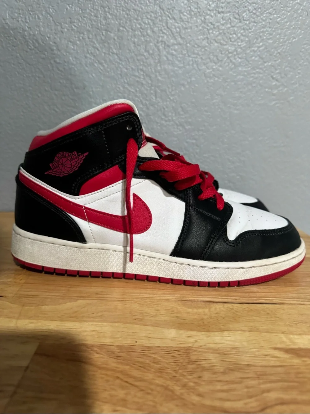 Jordan High-Top Sneakers in White, Black & Red